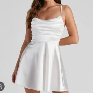 Windsor white silky chic satin sleeveless skater mini dress
